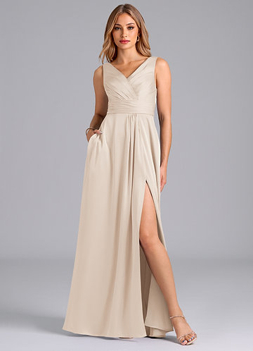 Azazie Karina Robes Demoiselle d'honneur Robe Trapèze en Satin extensible Plissée Albâtre Blanc image1