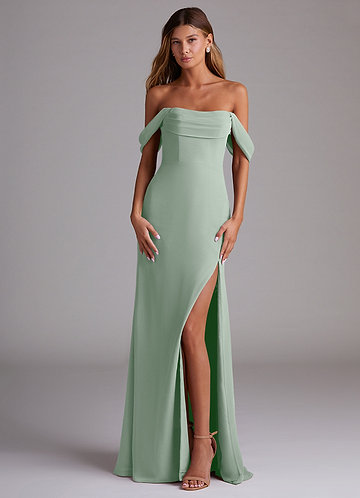 Azazie Saige Bridesmaid Dresses Agave A-Line Off the Shoulder Chiffon Convertible Dress image1