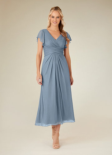 Azazie Vera Mother of the Brides Dresses Dusty Blue A-Line V-Neck Pleated Mesh Dress image1