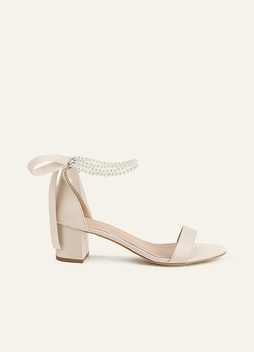 front Matching Color Matte Satin Pearl and Bow Open Toe Chunky Heel Sandals