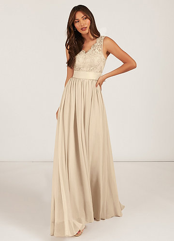 Azazie Gertrude Bridesmaid Dresses Champagne A-Line Lace Chiffon Dress image1