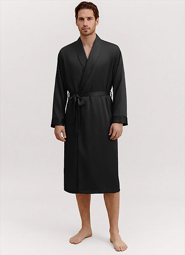 front Svart Klassisk satinmorgonrock för män