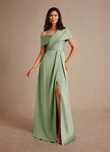 Azazie Milton Mother of the Brides Dresses Dusty Sage A-Line Pleated Stretch Satin Dress image1