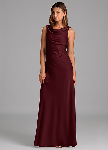 Azazie Nerine Bridesmaid Dresses Cabernet A-Line Pleated Stretch Satin Dress image1