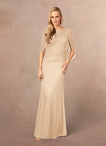 Azazie Belladonna Mother of the Brides Dresses Champagne Mermaid Scoop Pleated Mesh Dress image1