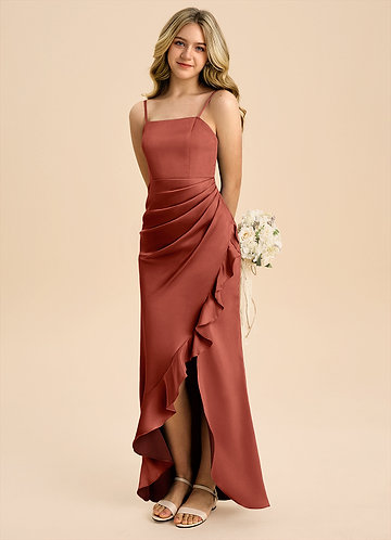 terracotta junior bridesmaid dresses Wedtrend Women Bridesmaid Dress Terracotta Chiffon A-Line Floor Length  Wedding Guest Dress With Ruffles  WEDTREND