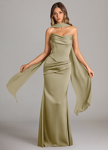 Azazie Sorrel Bridesmaid Dresses Vestido Musgo Verde de Cetim elástico de sereia com Sem alças image1