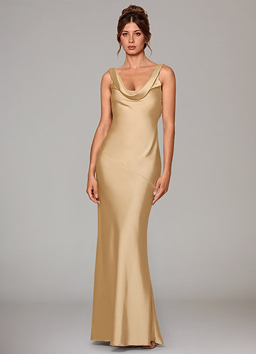 Azazie A-Line Cowl Floor-Length Stretch Satin Bridesmaid Dresses - Gold