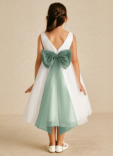 Azazie Kavi Flower Girl Dresses Ivory Eucalyptus A-Line Bow Matte Satin Dress image1 0