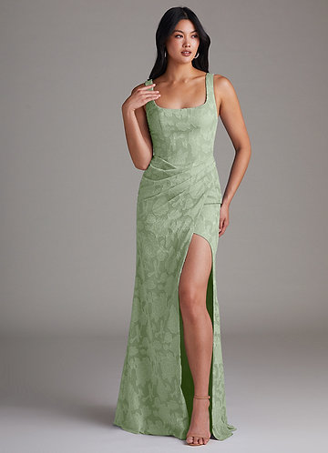 Azazie Mero Bridesmaid Dresses Dusty Sage Sheath Pleated Floral Burnout Dress image1