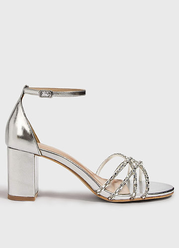 front Silver Shiny Block Heel Sandals
