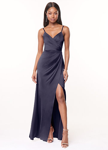 Azazie Maci Bridesmaid Dresses Stormy A-Line V-Neck Pleated Stretch Satin Dress image1