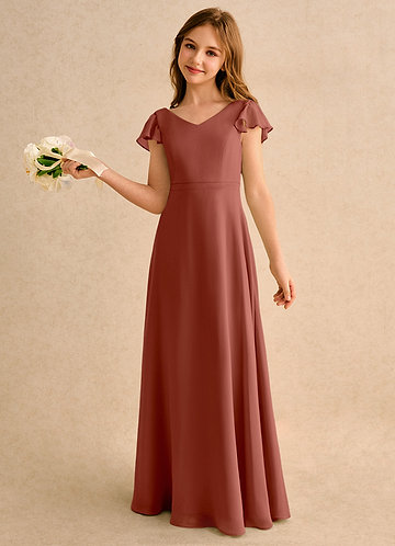 Azazie Nari Girls Formal Flower Girl Dresses Vestido Castanho Aloirado de Chiffon de Linha A com com mangas image1