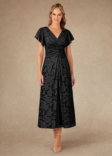 Azazie Vera Vestidos de Madre de la Novia Vestido de Negro de Devorado Floral de Corte En A con Plisado image1