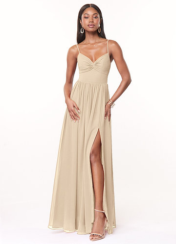 Azazie Zeya Bridesmaid Dresses Champagne A-Line V-Neck Pleated Chiffon Dress image1