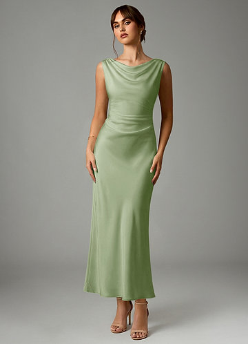 Azazie Kieryn Robes Demoiselle d'honneur Robe Sirène en Satin extensible Plissée Vert Sauge image1