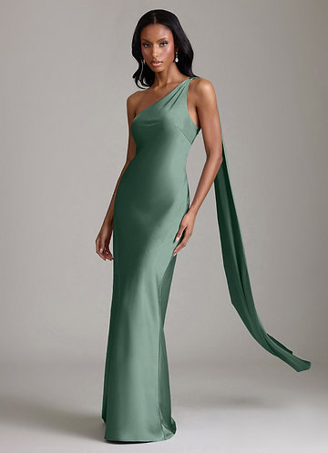 Azazie Juniper Vestidos de Dama de Honor Vestido Eucalipto de Cetim elástico de sereia com Ombro Único image1