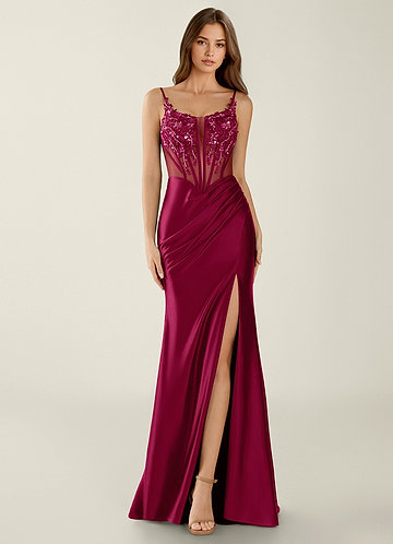 Zahara Bourgogne V-hals blondekorset havfrue gallakjole image1