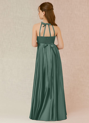 Azazie Arianthe Junior Vestido Eucalipto de Cetim elástico de Linha A com com bolsos image1