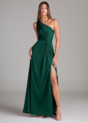Azazie Brooke Bridesmaid Dresses Emerald A-Line One Shoulder Stretch Satin Dress image1