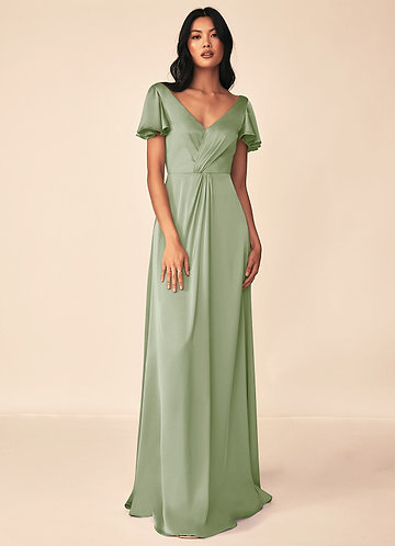 short emerald green cocktail dress Berylove Women Sage Bridesmaid Dress Satin A Line Long Sleeve Round Neck Maxi Modest Wedding Guest Dress, Wisteria / US16 main image 0