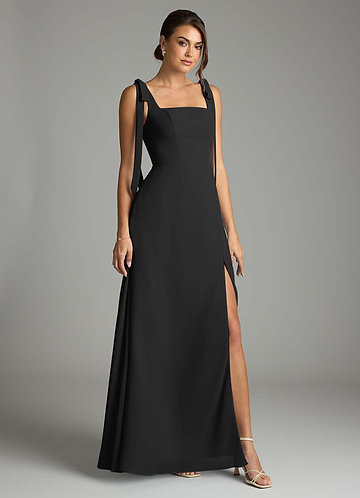 Azazie Debra Bridesmaid Dresses Black A-Line with Pockets Chiffon Convertible Dress image1