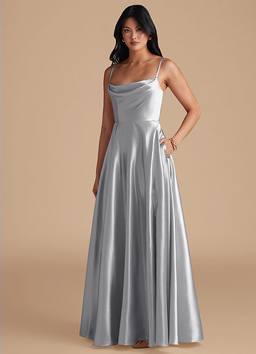 Silver Grey Bridesmaid Dresses Azazie Sheath One-Shoulder Floor-Length  Metallic Satin Bridesmaid Dresses Silver