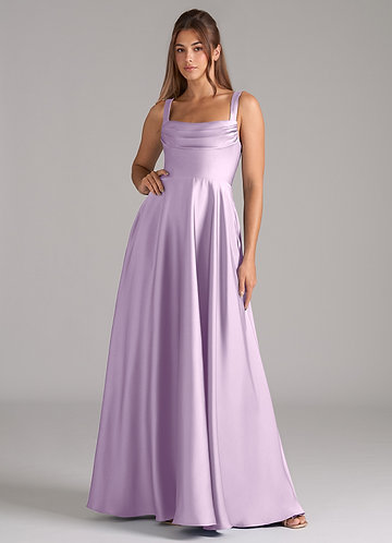 Azazie Shaude Bridesmaid Dresses Frosted Lilac A-Line Pleated Stretch Satin Dress image1