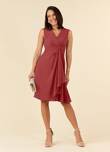 Azazie Theron Robe Mère de la Mariée & du Marié Robe Trapèze en Mousseline de soie Col V plissé Rouille image1