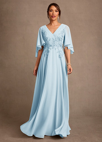 sky blue wedding guest dress Light Chiffon A-Line Ankle Length Pleated Gown COCOMELODY CG0329 The fabric is comfortable for skin Leely Women Light Blue Floral