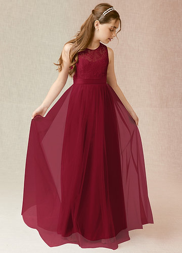 Azazie Georgette Junior Burgundy A-Line Lace Tulle Dress image1