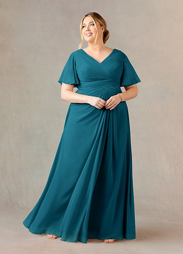 Azazie Morning Glory Robe Mère de la Mariée & du Marié Robe Trapèze en Mousseline de soie Col V froncé Bleu Encre image1