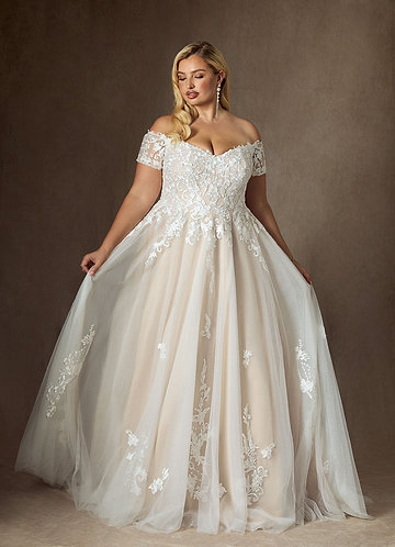 Azazie Rowe Wedding Dresses Diamond White Champagne Ball-Gown Off the Shoulder Tulle Dress image1