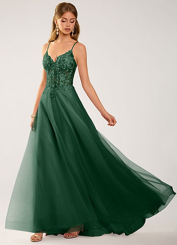Calliem Verde Scuro Abito da ballo in tulle e pizzo con perline image1