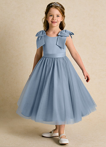 Azazie Serene Abiti da Ragazza di Fiori Abito Principessa in Raso Opaco Fiocco Blu Polveroso image1