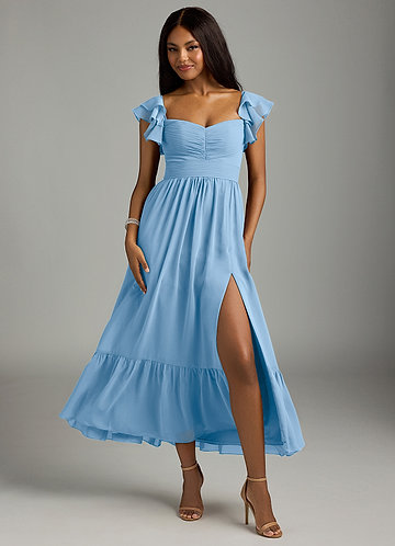 white christmas dresses Sky Blue Sweetheart Cutout Satin Mermaid Long Formal Dress with Slit
