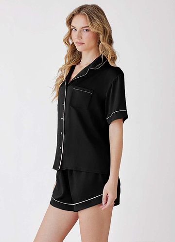 front Black 100% Washable silk Short Sleeve Pajama Set