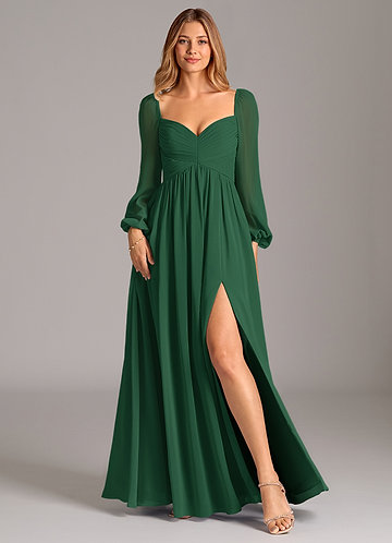 knee length dresses for ladies Berylove Women Dark Blue Bridesmaid Dress Square Neck Chiffon Long Sleeves Sheath Long Wedding Guest Dress with Slit, Eucalyptus / US4