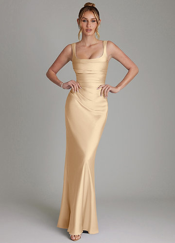 Azazie Agustina Bridesmaid Dresses Champagne Mermaid Corset Stretch Satin Dress image1