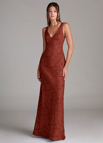 Azazie Tianna Bridesmaid Dresses Terracotta Sheath Lace Floral Burnout Dress image1