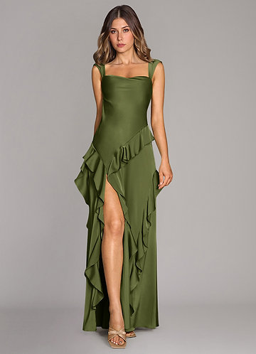 Azazie Sloane Bridesmaid Dresses Vestido Oliva de Cetim elástico de Linha A com Decote em coração image1