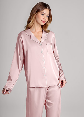 front Matching Color Long Sleeves and Pants Satin PJ Set