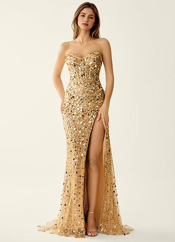 Elowomgen Champagne Galajurk van mesh met kralen, pailletten en borduurwerk image1