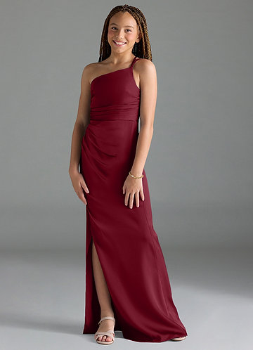 Azazie Eren Junior Vestido Borgonha de Cetim elástico de Bainha com Plissado image1