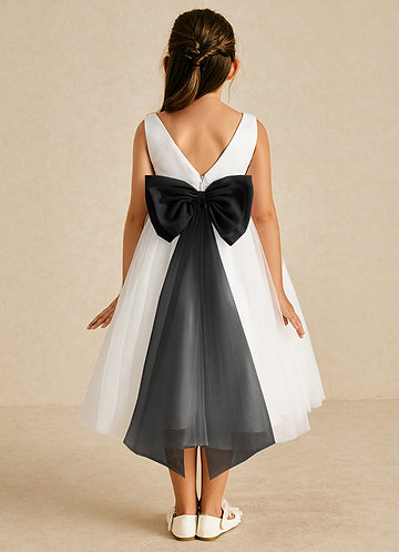 Azazie Kavi Flower Girl Dresses Ivory Black A-Line Bow Matte Satin Dress image1