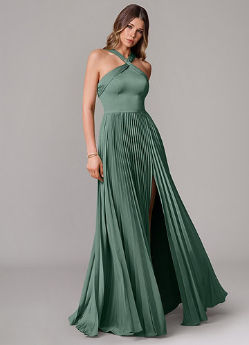 Azazie Afra Abiti da Damigella Abito A-Line in Raso Elasticizzato Plissettato Eucalipto image1