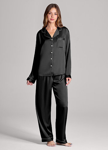 front Matching Color Long Sleeves and Pants Satin PJ Set