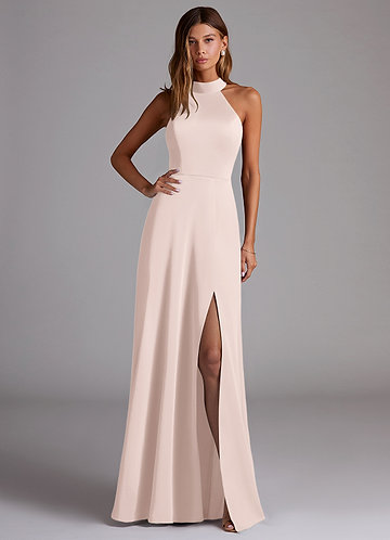 high neck blush bridesmaid dress Blushing Pink Wholesale Halter Neck Tulle A-line Bridesmaid Gown