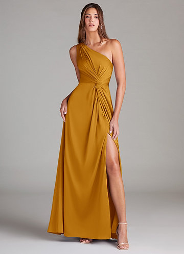 Azazie Brooke Vestidos Dama de Honor Vestido de Caramelo de Satén Elástico de Corte en A con Hombro unilateral image1