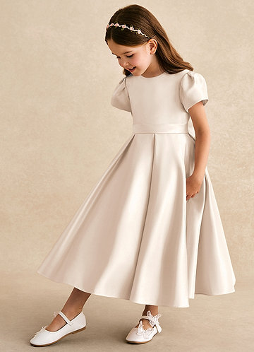 Azazie Princess Flower Girl Dresses Vestido Alabastro Branco de Cetim fosco de Linha A com Plissado image1